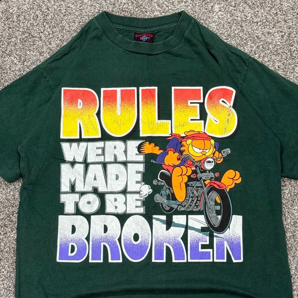Vintage 90s Garfield Biker Tee Rules Were Made To Be Broken Single Stitch Mens L - Picture 2 of 4